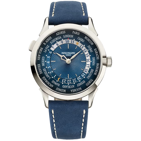 Patek Philippe Complications Blue Dial World Time Platinum Leather Strap 39mm