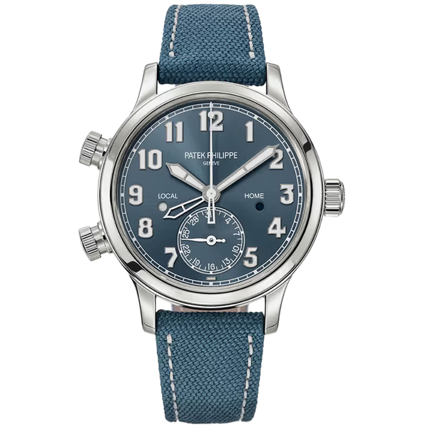 Patek Philippe Complications Blue Dial Singapore Edition Calatrava Pilot Travel Time Stainless Steel Leather Strap 38mm
