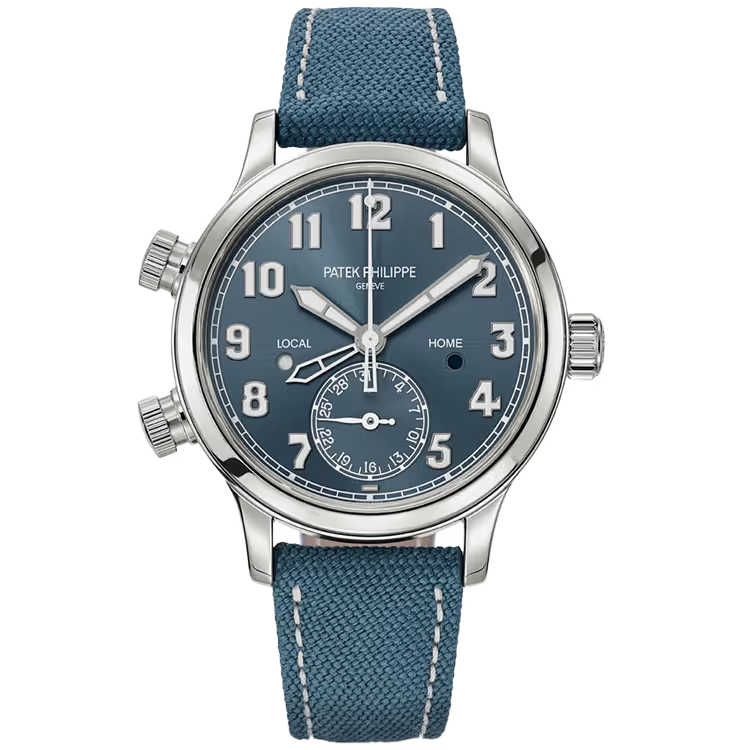 Patek Philippe Complications Blue Dial Singapore Edition Calatrava Pilot Travel Time Stainless Steel Leather Strap 38mm - Image 1