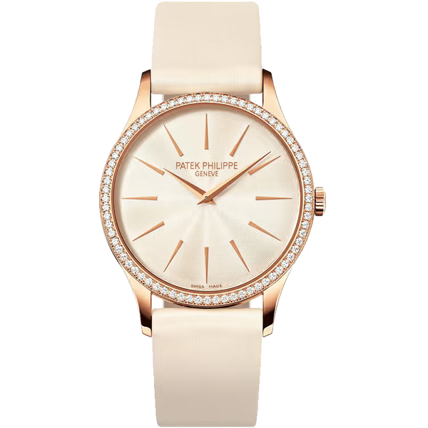 Patek Philippe Calatrava Beige Dial Rose Gold Diamond Bezel Fabric Strap 33mm