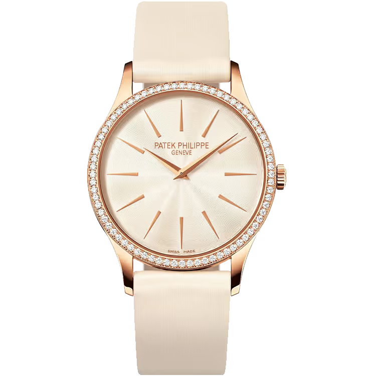 Patek Philippe Calatrava Beige Dial Rose Gold Diamond Bezel Fabric Strap 33mm - Image 1