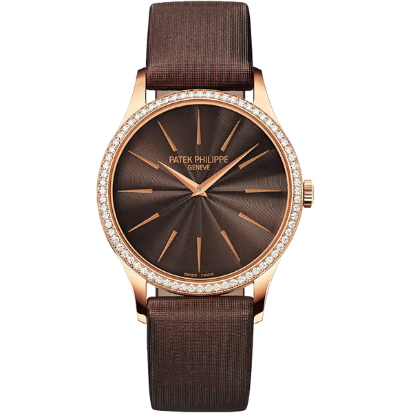 Patek Philippe Calatrava Chocolate Dial Rose Gold Diamond Bezel Fabric Strap 33mm