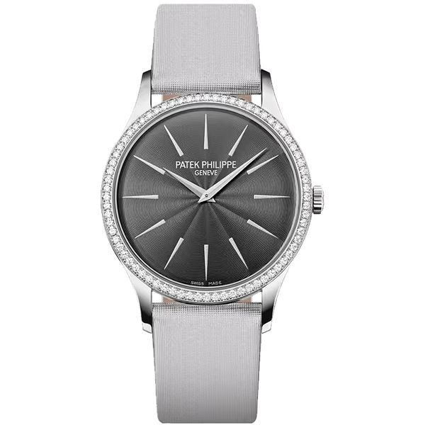 Patek Philippe Calatrava Grey Dial White Gold Diamond Bezel Fabric Strap 33mm