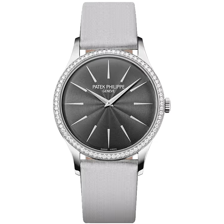 Patek Philippe Calatrava Grey Dial White Gold Diamond Bezel Fabric Strap 33mm - Image 1