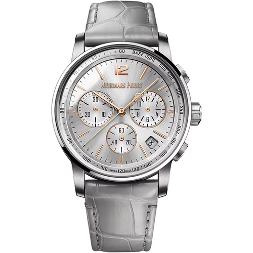 Audemars Piguet Code 11.59 Silver Dial Chronograph Rose Gold Leather Strap 41mm