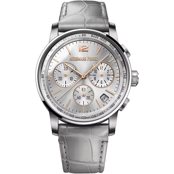 Audemars Piguet Code 11.59 Silver Dial Chronograph Rose Gold Leather Strap 41mm