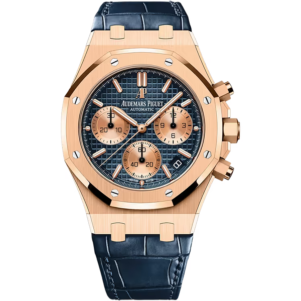 Audemars Piguet Royal Oak Blue Dial Chronograph Rose Gold Leather Strap 41mm