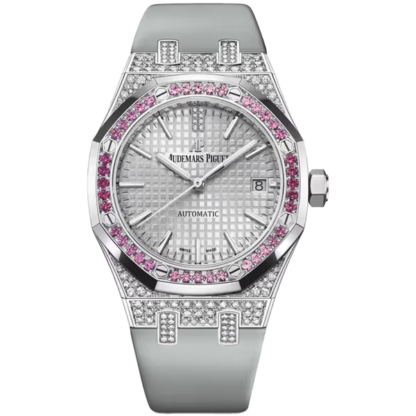 Audemars Piguet Royal Oak Silver Dial White Gold Gem Bezel Leather Strap 37mm