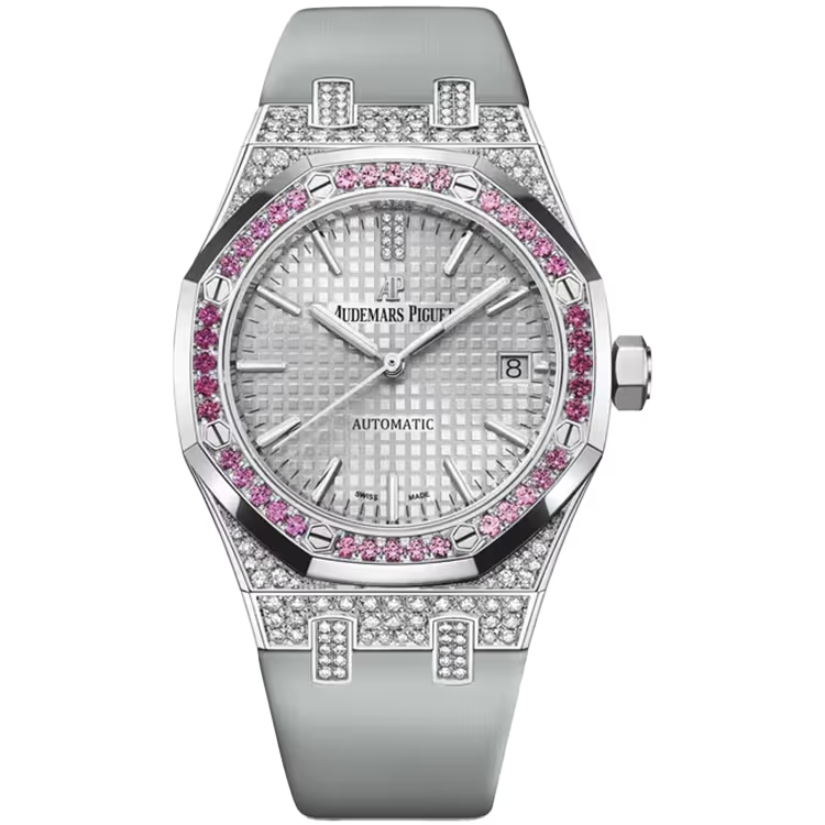 Audemars Piguet Royal Oak Silver Dial White Gold Gem Bezel Leather Strap 37mm - Image 1