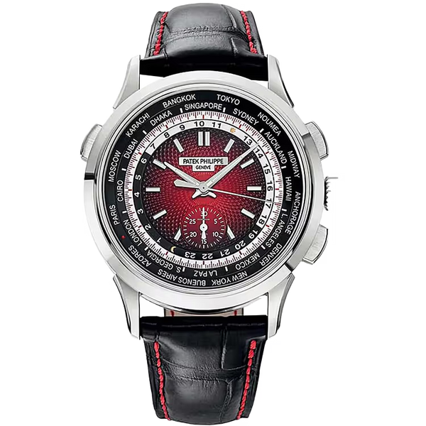 Patek Philippe Complications Red Dial Singapore Edition World Time Annual Calendar Chronograph White Gold Leather Strap 40mm