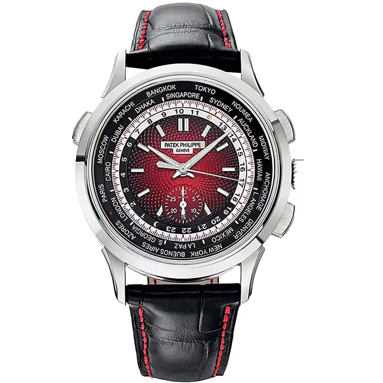 Patek Philippe Complications Red Dial Singapore Edition World Time Annual Calendar Chronograph White Gold Leather Strap 40mm - Image 1