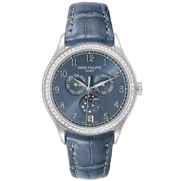 Patek Philippe Complications Blue Dial Annual Calendar Moon Phase White Gold Diamond Bezel Blue Leather Strap 38mm