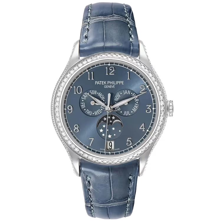 Patek Philippe Complications Blue Dial Annual Calendar Moon Phase White Gold Diamond Bezel Blue Leather Strap 38mm - Image 1
