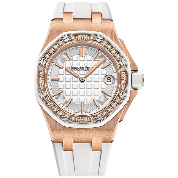 Audemars Piguet Royal Oak Offshore White Dial Chronograph Rose Gold Diamond Bezel Rubber Strap 37mm