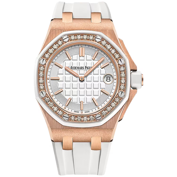 Audemars Piguet Royal Oak Offshore White Dial Chronograph Rose Gold Diamond Bezel Rubber Strap 37mm - Image 1