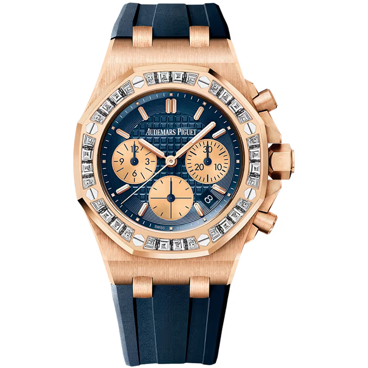 Audemars Piguet Royal Oak Offshore Blue Dial Chronograph Rose Gold Diamond Bezel Rubber Strap 37mm - Limited 10 - Image 1