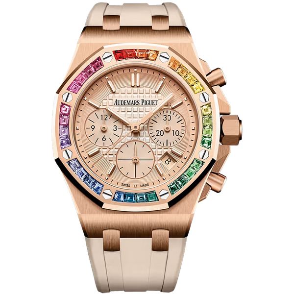 Audemars Piguet Royal Oak Offshore Rose Dial Chronograph Rose Gold Rainbow Bezel Rubber Strap 37mm
