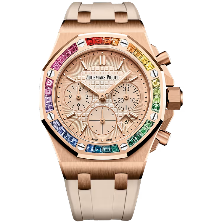 Audemars Piguet Royal Oak Offshore Rose Dial Chronograph Rose Gold Rainbow Bezel Rubber Strap 37mm - Image 1