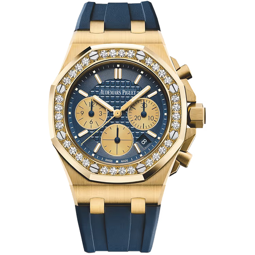 Audemars Piguet Royal Oak Offshore Blue Dial Chronograph Yellow Gold Diamond Bezel Rubber Strap 37mm - Limited 100