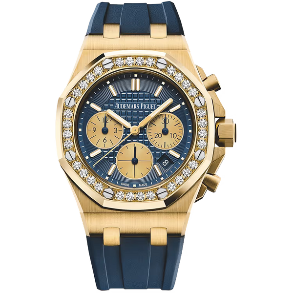 Audemars Piguet Royal Oak Offshore Blue Dial Chronograph Yellow Gold Diamond Bezel Rubber Strap 37mm - Limited 100