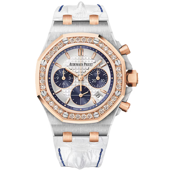 Audemars Piguet Royal Oak Offshore Silver Dial Chronograph Steel & Rose Gold Diamond Bezel Leather Strap 37mm