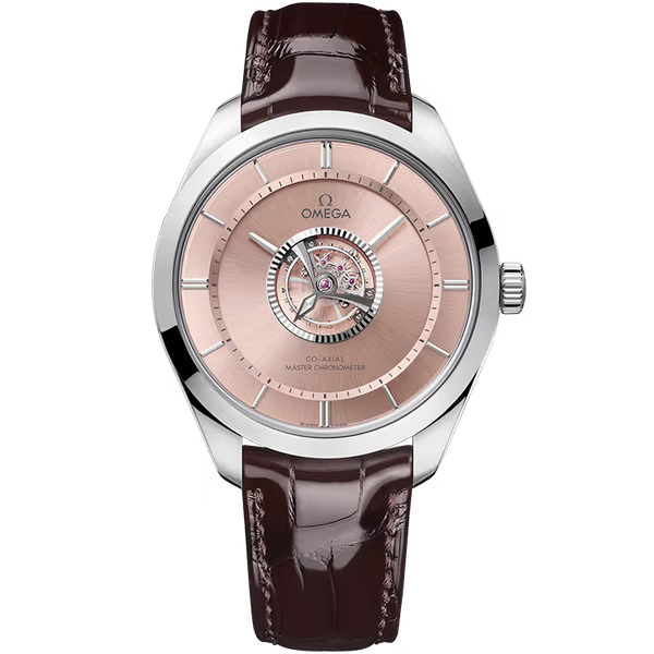 Omega Tourbillon Rose Dial White Gold Leather Strap 43mm