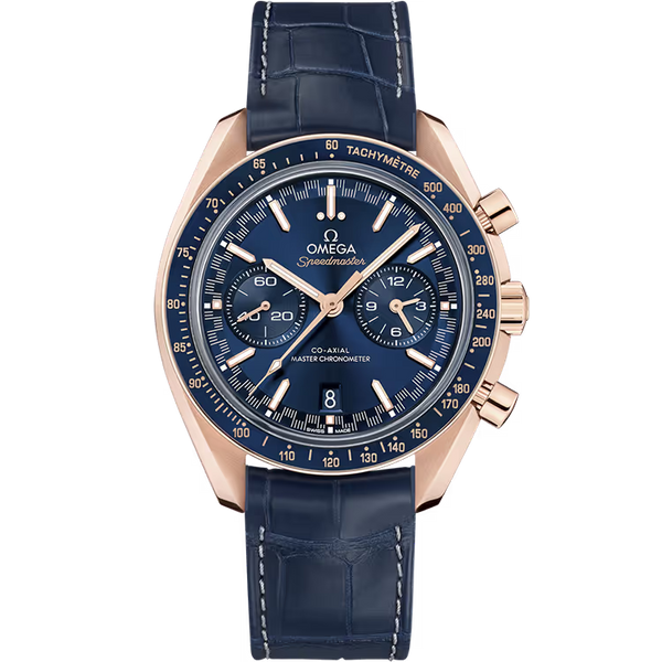 Omega Racing Blue Dial Chronograph Rose Gold Leather Strap 44mm