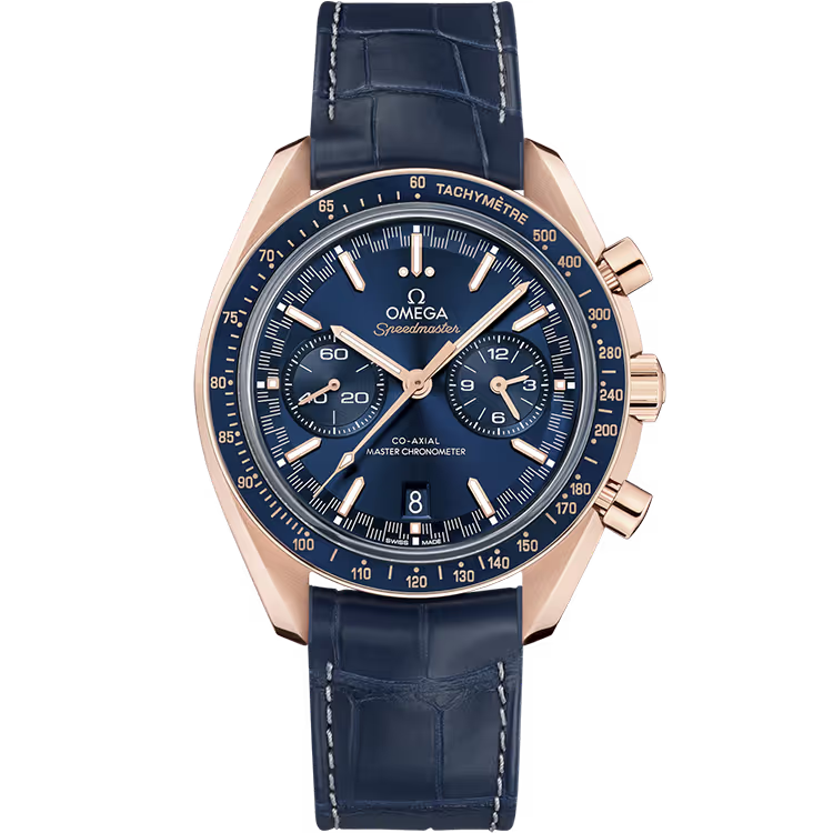 Omega Racing Blue Dial Chronograph Rose Gold Leather Strap 44mm - Image 1