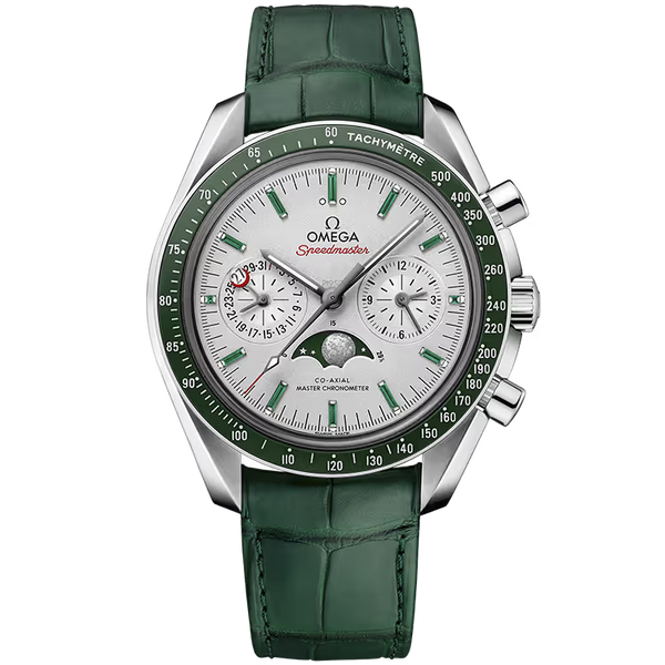 Omega Moonwatch Silver Emerald Dial Chronograph Moon Phase Platinum Leather Strap 44mm