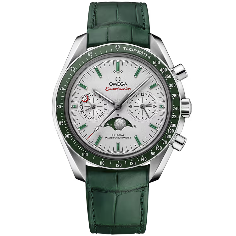 Omega Moonwatch Silver Emerald Dial Chronograph Moon Phase Platinum Leather Strap 44mm - Image 1