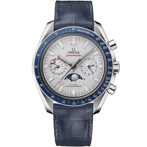 Omega Moonwatch Silver Diamond Dial Chronograph Moon Phase Platinum Leather Strap 44mm