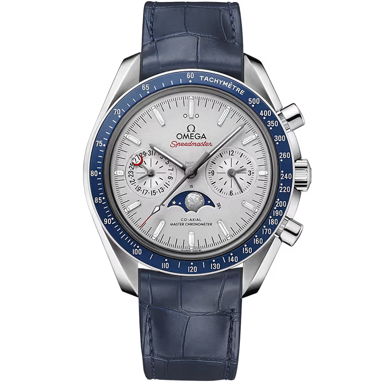 Omega Moonwatch Silver Diamond Dial Chronograph Moon Phase Platinum Leather Strap 44mm - Image 1
