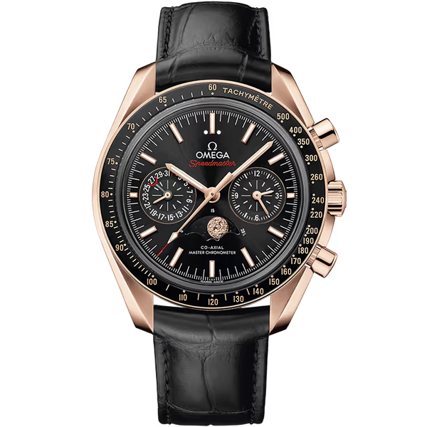 Omega Moonwatch Black Dial Chronograph Moon Phase Rose Gold Leather Strap 44mm