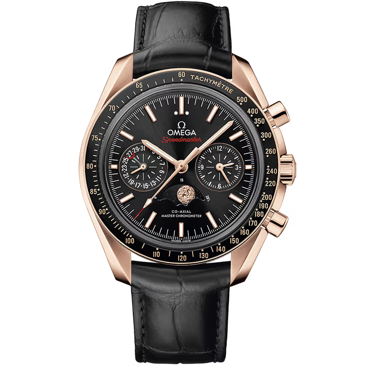 Omega Moonwatch Black Dial Chronograph Moon Phase Rose Gold Leather Strap 44mm - Image 1