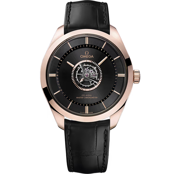 Omega Tourbillon Black Dial Rose Gold Leather Strap 43mm