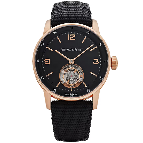 Audemars Piguet 11.59 Black Dial Flying Tourbillon Rose Gold Leather Strap 41mm