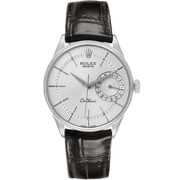 Rolex Cellini Silver Dial White Gold Brown Leather Strap 39mm