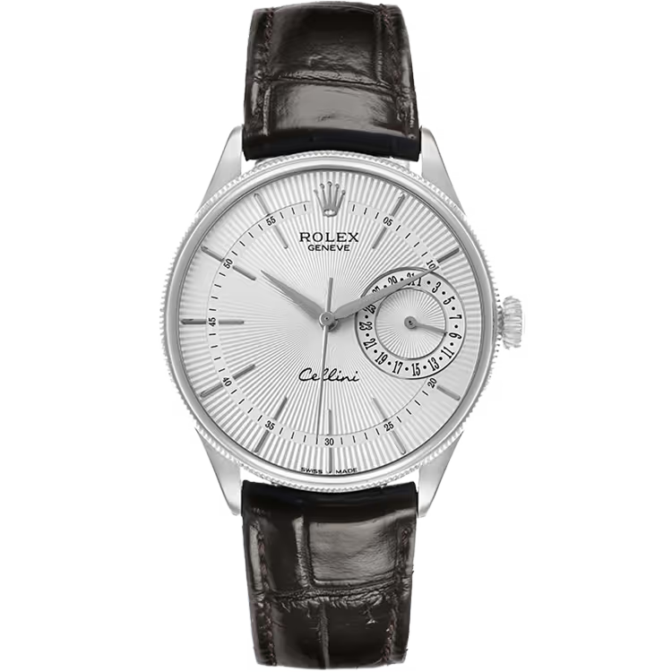 Rolex Cellini Silver Dial White Gold Brown Leather Strap 39mm - Image 1