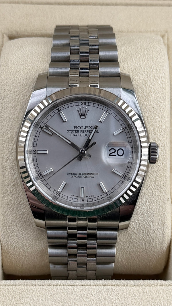2017 Rolex Date-Just 36 Silver Stick 116234 (Watch,Card,Box and Booklets)