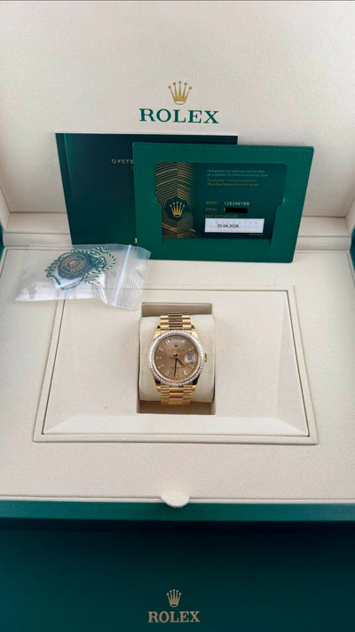 2026 NEW BNIB Rolex Day-Date 36 Factory Diamond & Bezel 128398TBR (Watch, Card, WT Box & Booklets)