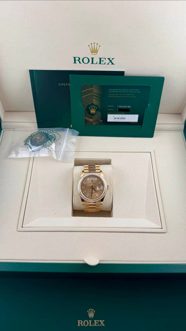 2026 NEW BNIB Rolex Day-Date 36 Factory Diamond & Bezel 128398TBR (Watch, Card, WT Box & Booklets)