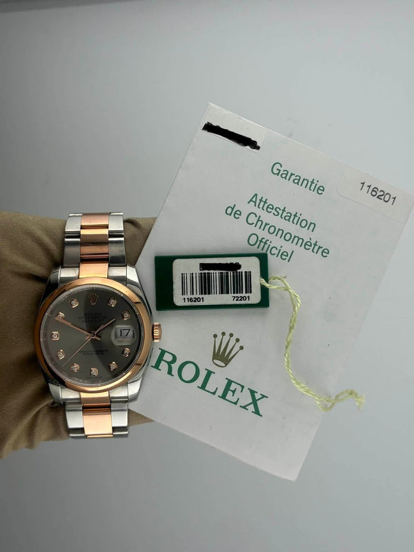 2005 Rolex Datejust 36 Grey Diamond Dial 116201 (Watch + Paper + WT)
