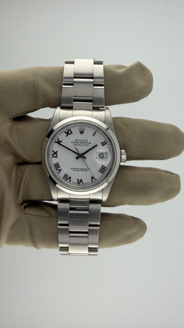 2003 Rolex Date-Just 36 White Roman 16200 (Watch,Box & Booklets)