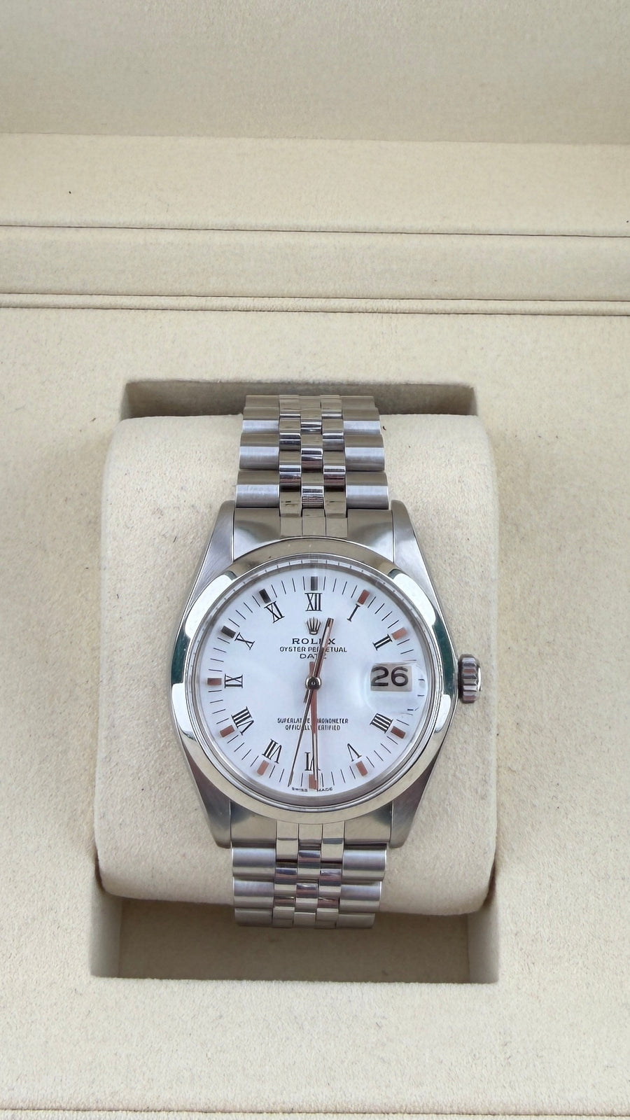 1975 Rolex Oyster Date 34 White Roman Dial 1500 (Watch, RSC & Box) - Image 1