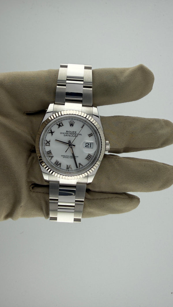 New 2026 Rolex Date-Just 36 White Roman 126234 (Complete Set Green Inner And Outer Box, 2X Tags, Booklets + Card)