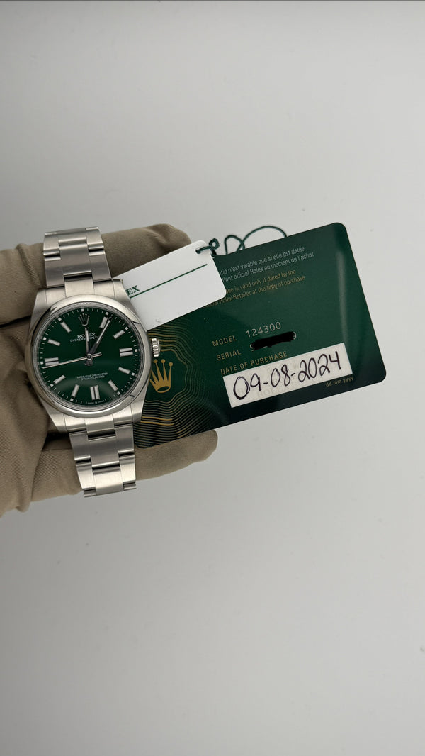 2024 Rolex Oyster Perpetual Green Dial 124300 (Watch, Card, Box & Booklets)