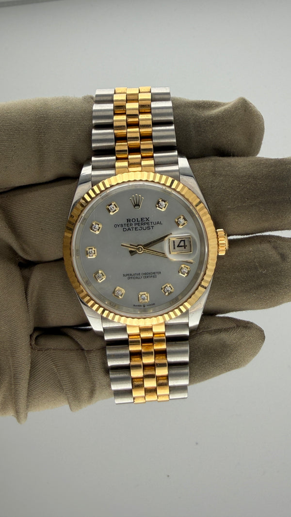2023 New Rolex Datejust 36mm Two-Tone Mother-of-Pearl Diamond Dial Ref. 126233 (Watch, Card)