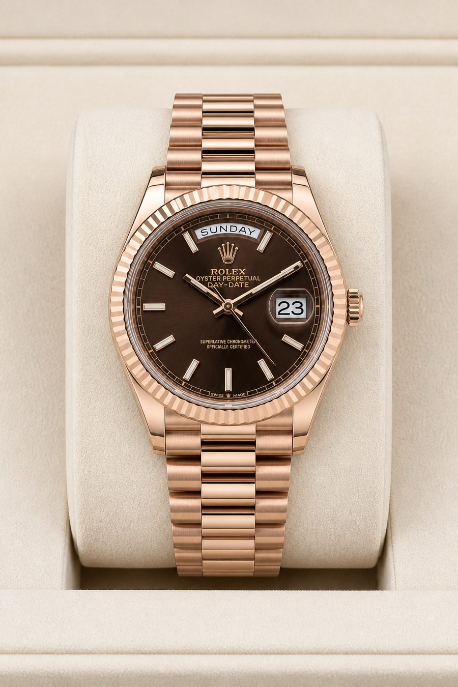 2025 New Rolex Day-Date 40 18k Everose Gold Chocolate Dial Ref. 228235 (Watch, Card, WT) - Image 1
