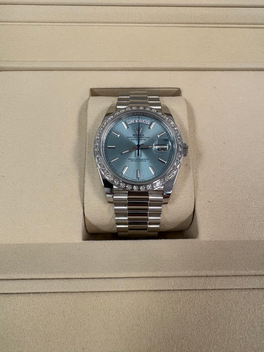 2025 New Rolex Day-Date 40 Platinum Ice Blue Baguette Diamond Dial & Bezel 228396TBR (Watch, Card, 2 Tags, Box & Booklets) - Image 8