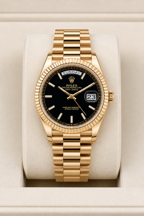 2023 New Rolex Day-Date 40mm 18k Yellow Gold Onyx Dial Ref. 228238 (Watch, Card, 2X Tag, Box & Booklets)